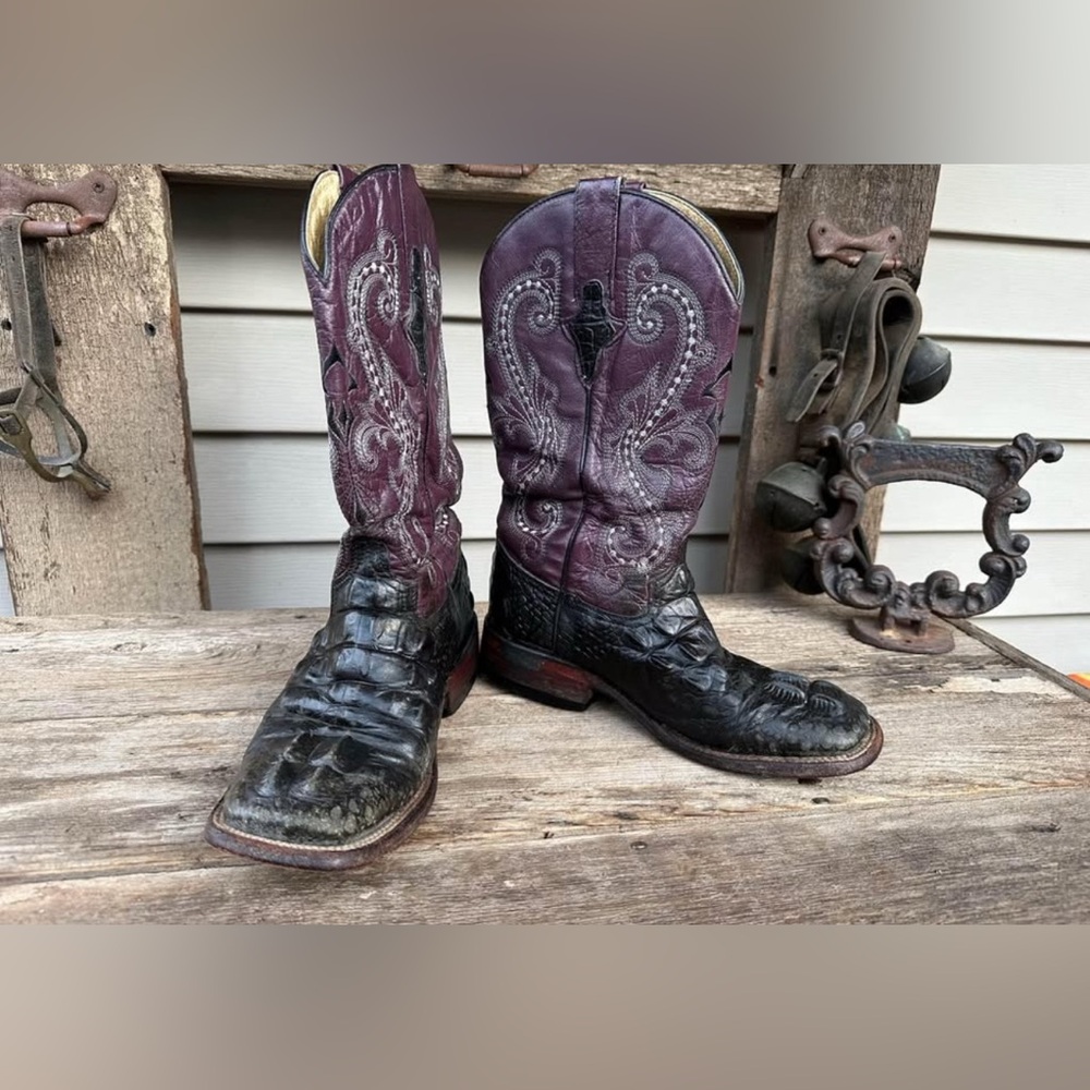 Ferrini Purple and Black Crocodile-Textured Leather Western Heeled Boots